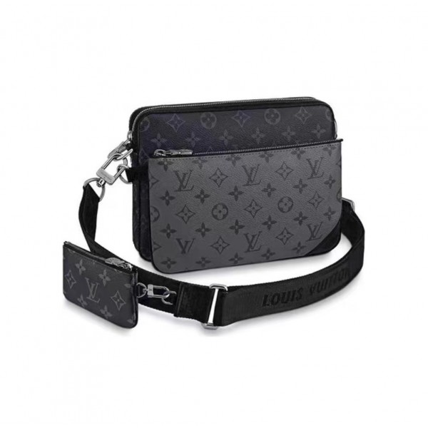 LOUIS VUITTON Trio Classic Old Flower All Over Print Coated Canvas and Cowhide Three In One Postman Handheld One Shoulder Crossbody Bag, Gray